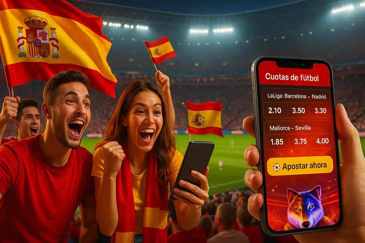 Aficionados españoles celebran en un estadio mientras realizan apuestas de fútbol en la app de Paf. La pantalla del móvil muestra las cuotas para los partidos de LaLiga.