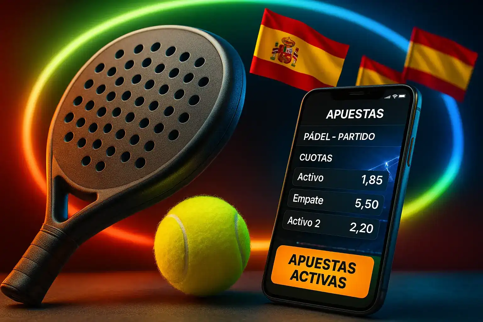 Realiza tus apuestas de pádel con la aplicación de Paf. La pantalla del móvil muestra las cuotas activas para un partido, junto a una pala y una pelota de pádel.