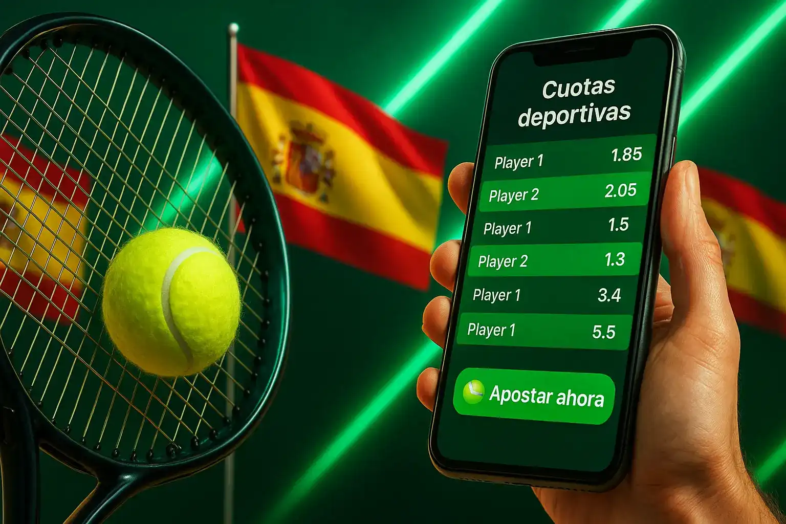 Consulta las mejores cuotas deportivas para tenis en la app de Paf. Una mano sostiene un móvil con una lista de apuestas, con una bandera española de fondo.