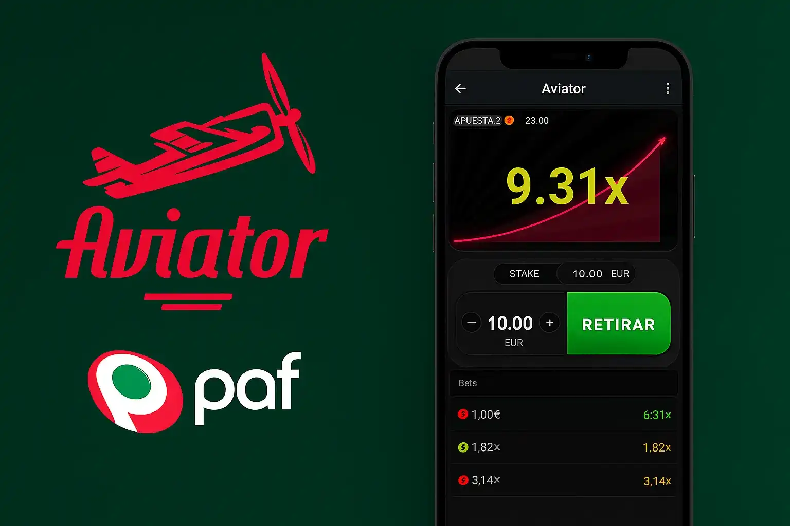 Alcanza multiplicadores altos con el juego Aviator en Paf. La app muestra una ganancia potencial de 9.31x en una apuesta de 10 EUR, con la opción de retirar.