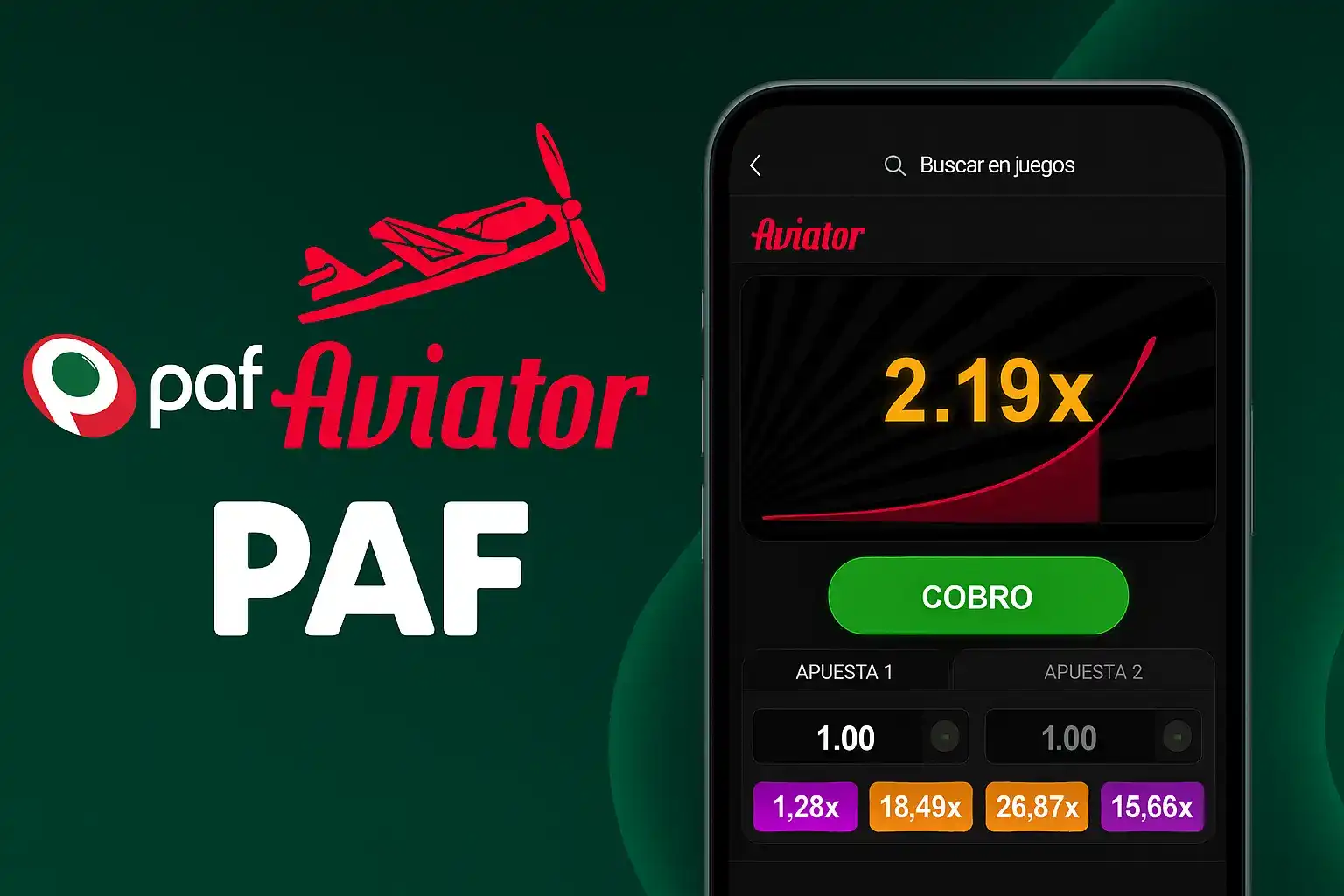 Disfruta de Aviator en la app de Paf. La pantalla del móvil muestra el juego con un multiplicador de 2.19x y el botón de cobro para asegurar tus ganancias.