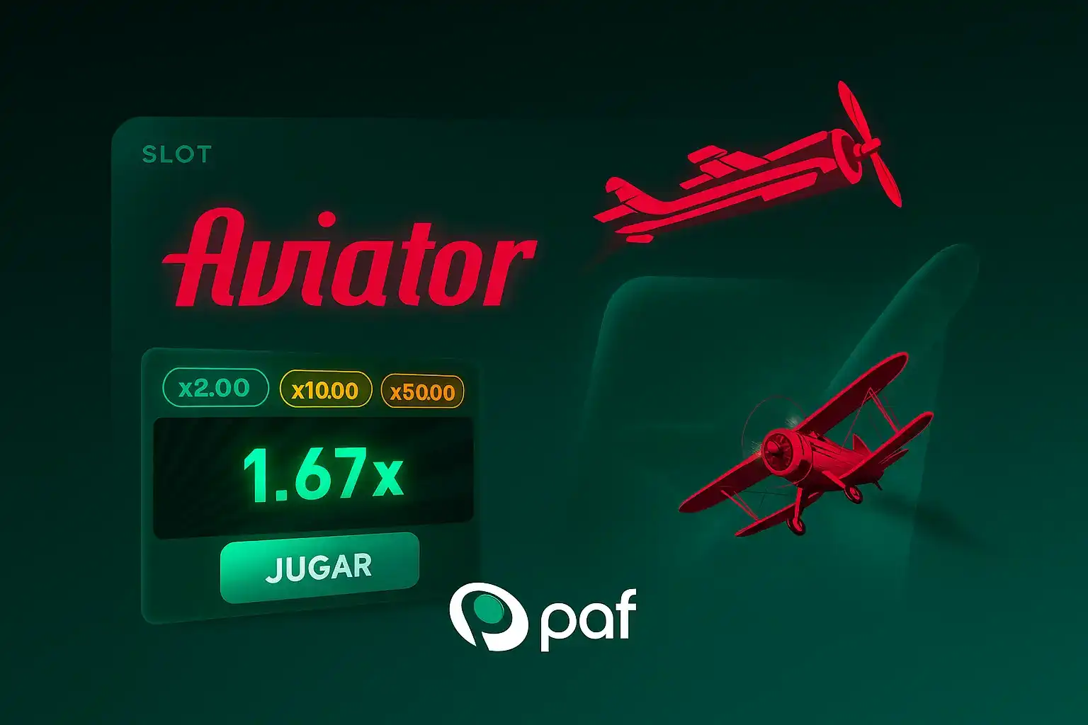 Juega al emocionante slot Aviator en Paf. La interfaz del juego muestra el multiplicador de 1.67x y aviones rojos volando, invitándote a jugar ahora mismo.