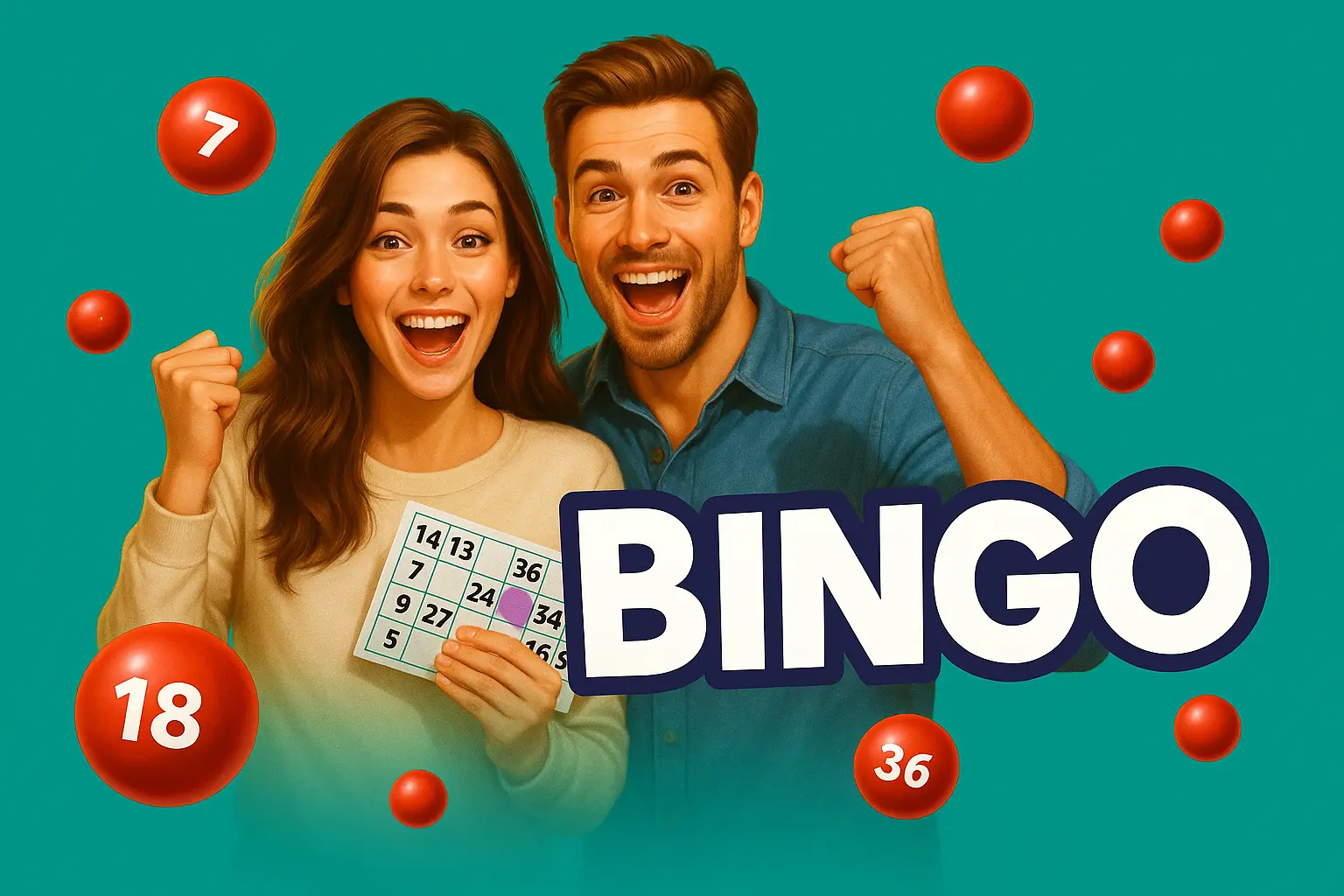 Una pareja feliz y emocionada celebra haber ganado al bingo online en Paf. La mujer sostiene un cartón de bingo premiado mientras ambos levantan los puños en señal de victoria.