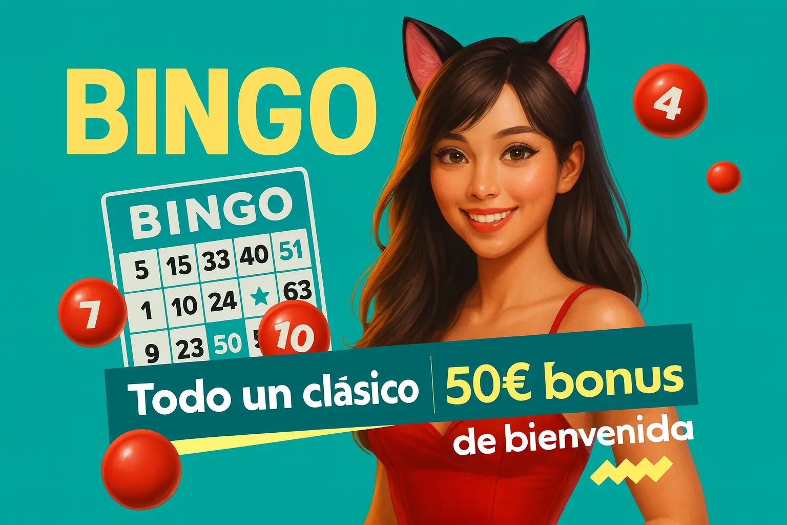 Una chica sonriente con orejas de gato te invita a jugar al bingo online en Paf. A su lado, un cartón de bingo y bolas rojas con números. Promoción de Todo un clásico con 50€ de bonus de bienvenida.