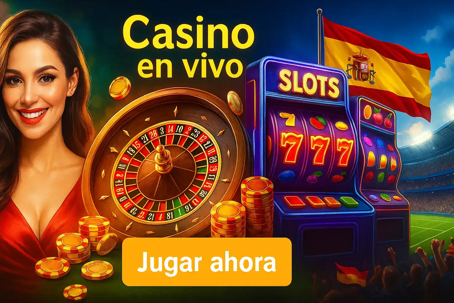 Disfruta del mejor casino en vivo y las tragaperras más divertidas en Paf. Una mujer sonriente te invita a jugar en un ambiente con temática española. ¡Juega ahora!