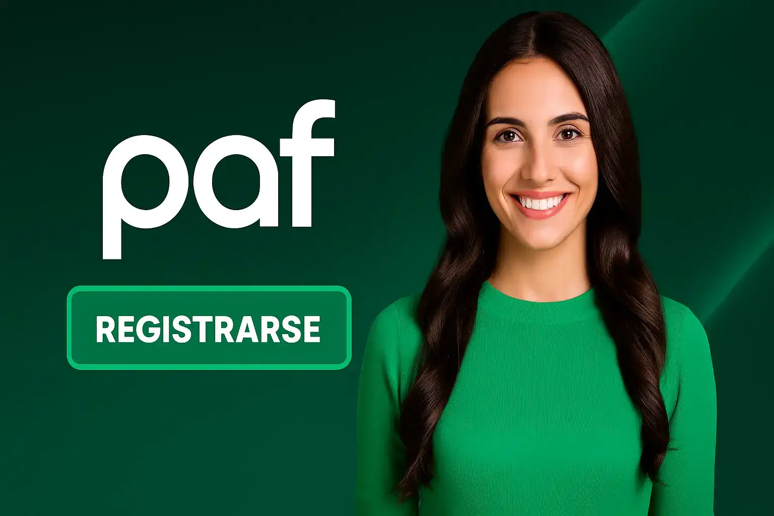 Una mujer sonriente te invita a unirte a la diversión en Paf. Haz clic en el botón Registrarse para crear tu cuenta y empezar a disfrutar de nuestros juegos.