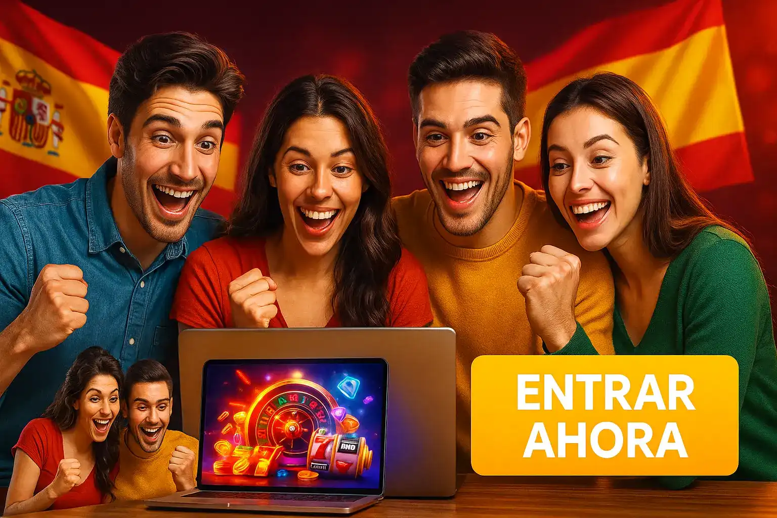Un grupo de amigos emocionados celebra una victoria mientras juega a los juegos de casino de Paf en un portátil. Con banderas de España al fondo, es pura diversión.