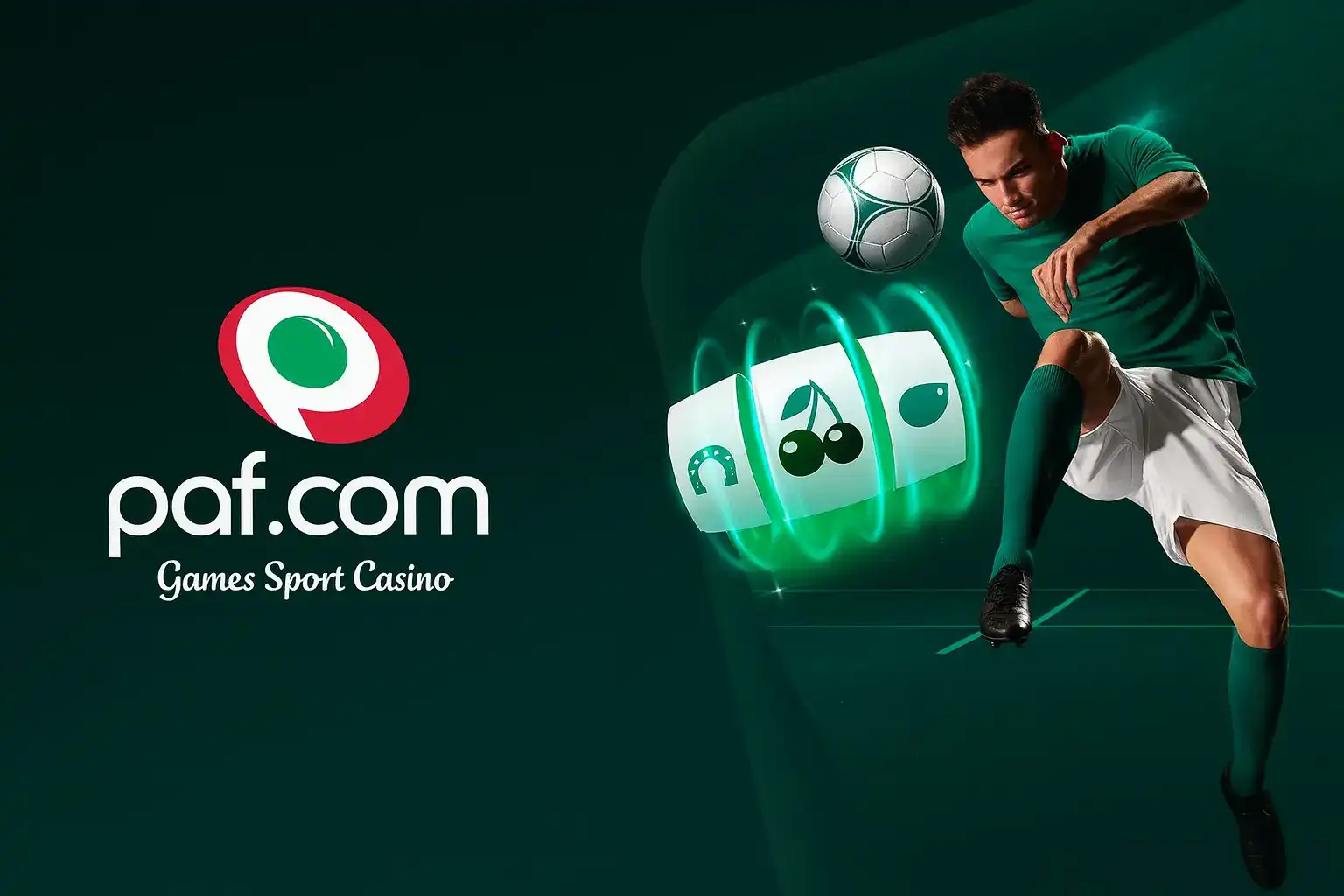 Un futbolista en acción junto al logo de Paf.com, que ofrece una emocionante combinación de juegos de casino, como tragaperras, y apuestas deportivas en un solo lugar.