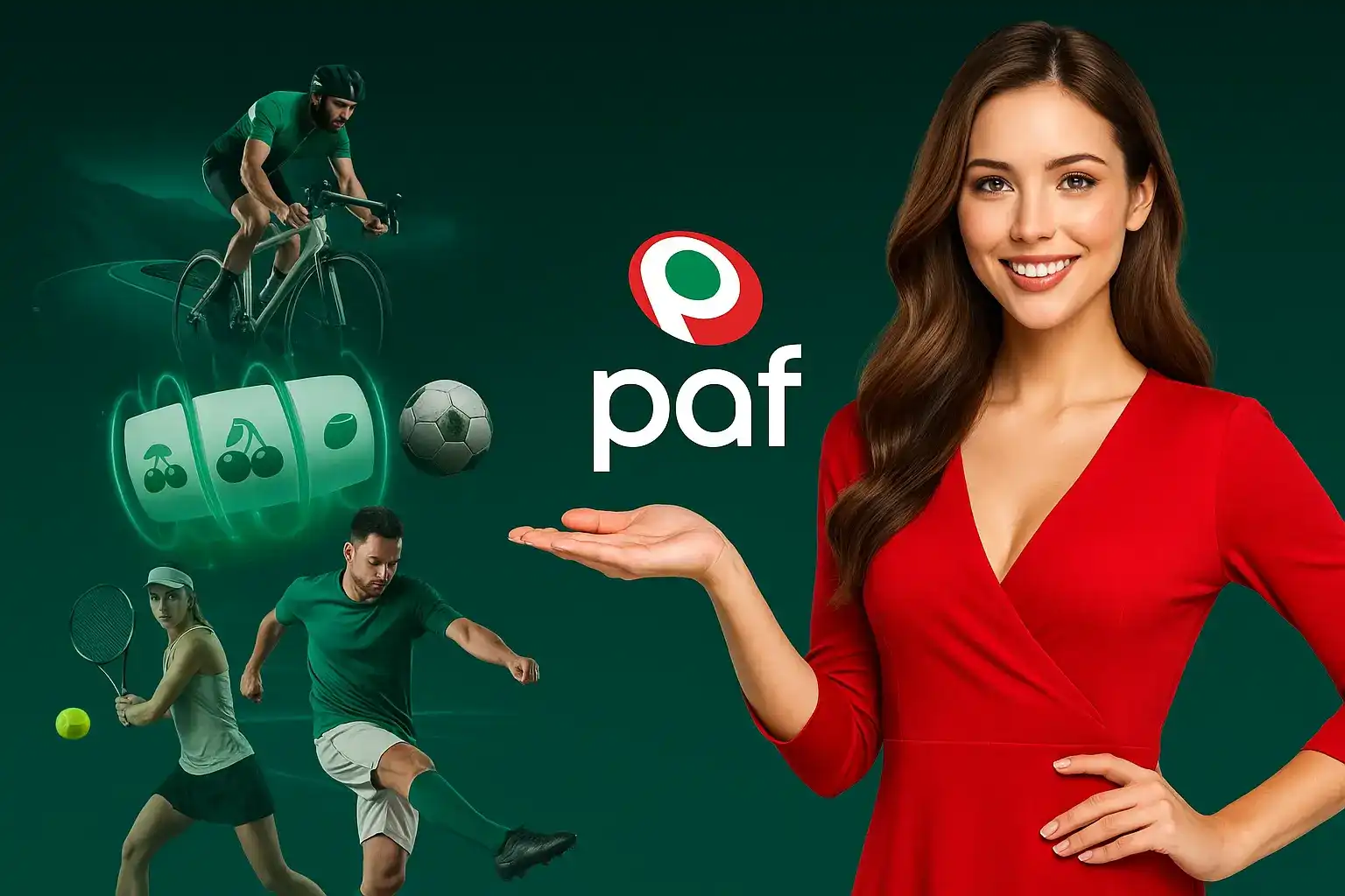 Una mujer sonriente presenta el logo de Paf, mostrando la amplia gama de opciones de juego, incluyendo apuestas deportivas en ciclismo, fútbol y tenis, y tragaperras.