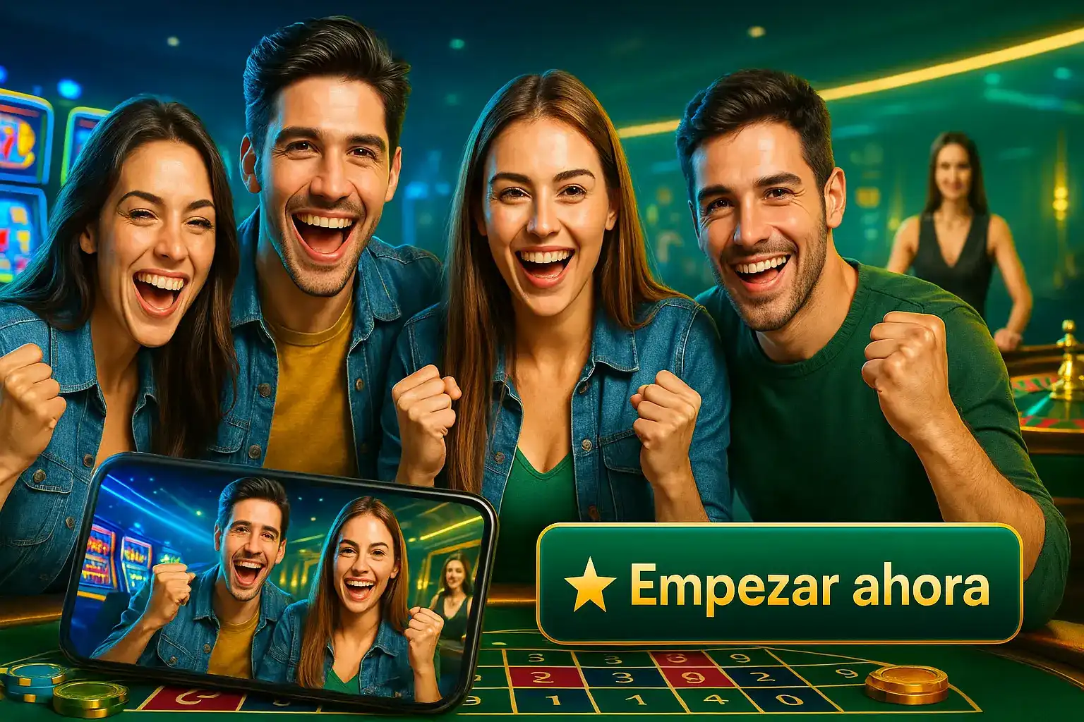 Un grupo de amigos celebra con entusiasmo una gran victoria en la ruleta del casino Paf. La foto en el móvil captura la alegría de jugar y ganar juntos. ¡Empieza ahora!