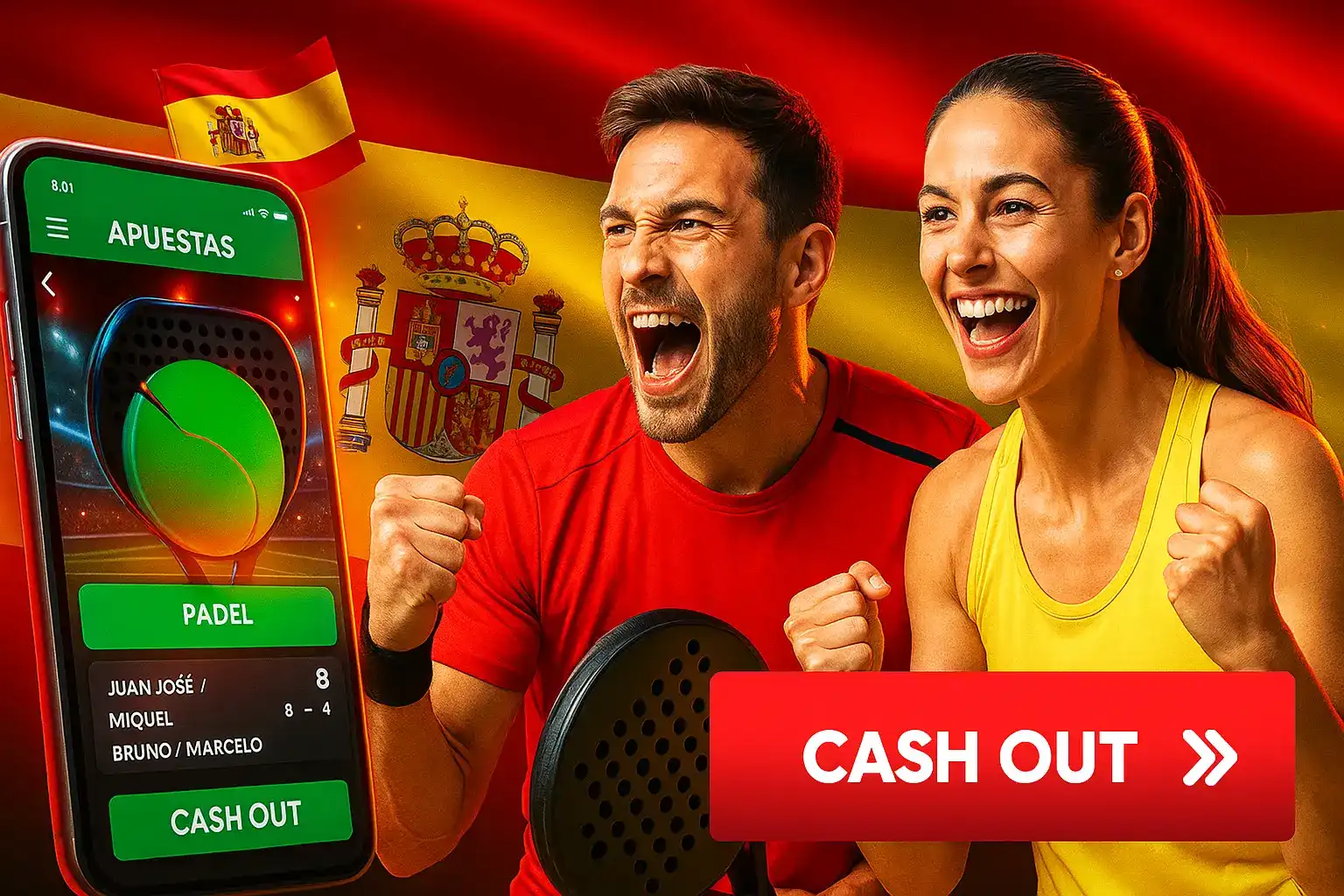 Una pareja celebra con pasión un punto de pádel mientras apuesta en la app de Paf. Aprovecha la función Cash Out para asegurar tus ganancias en los partidos.