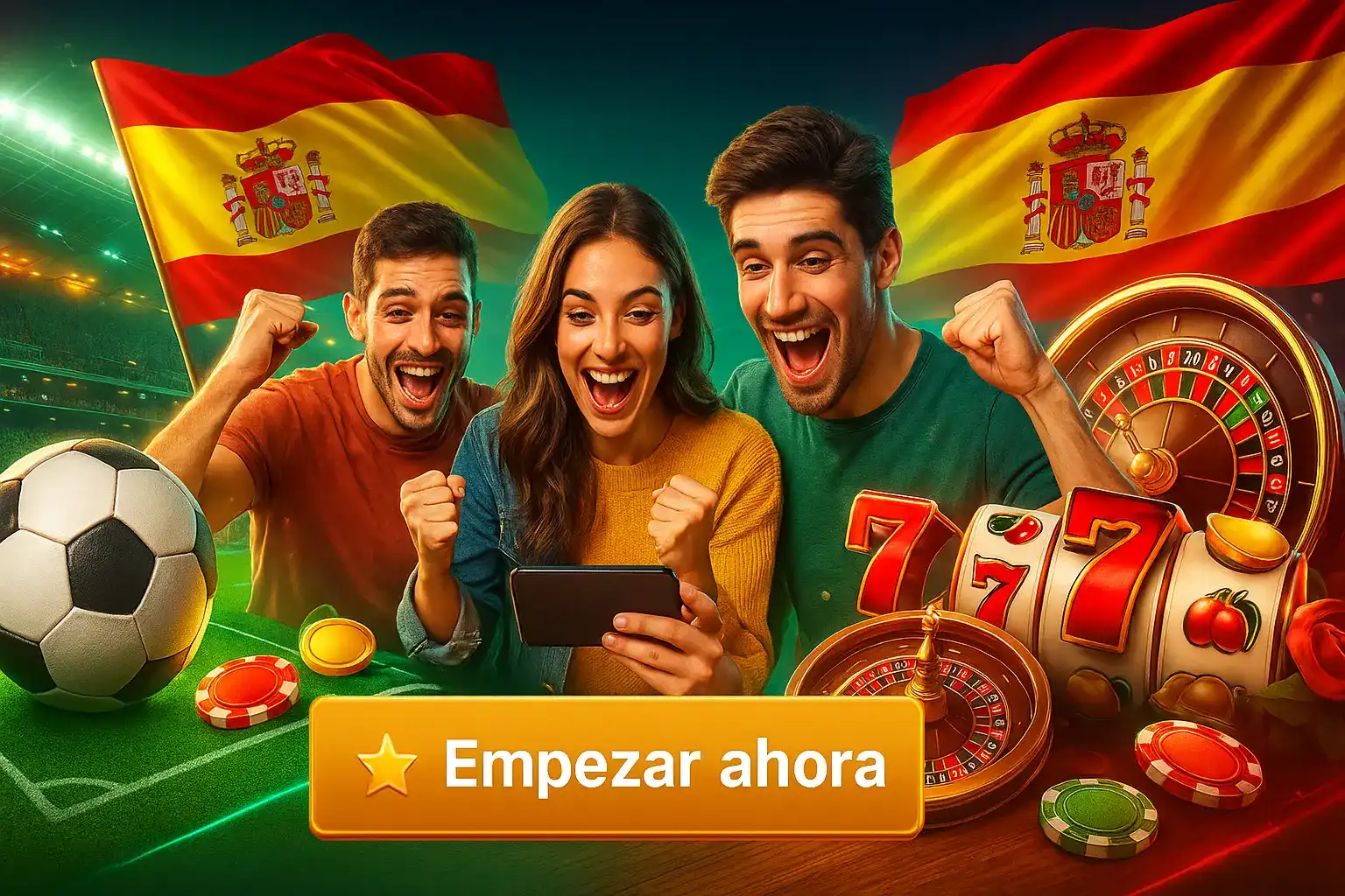 Un grupo de aficionados españoles celebra con euforia mientras apuestan y juegan en Paf. La imagen combina la pasión del fútbol con la emoción del casino y las tragaperras.