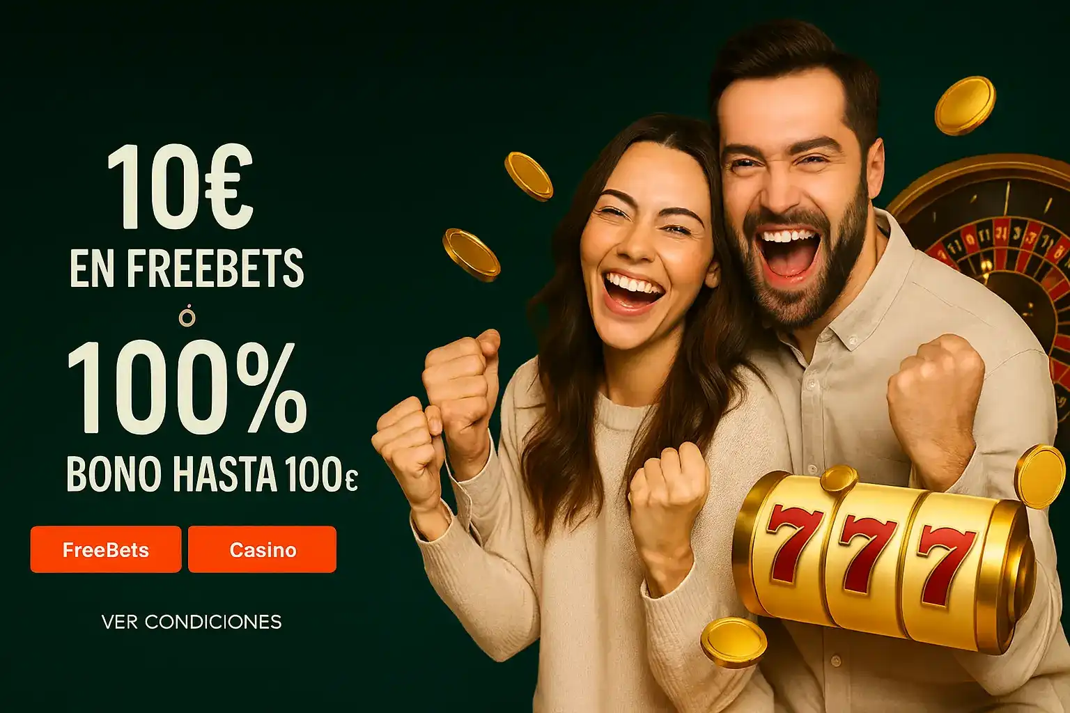 Una pareja feliz celebra la increíble oferta de bienvenida de Paf. Elige entre 10€ en freebets para deportes o un bono del 100% hasta 100€ para el casino.